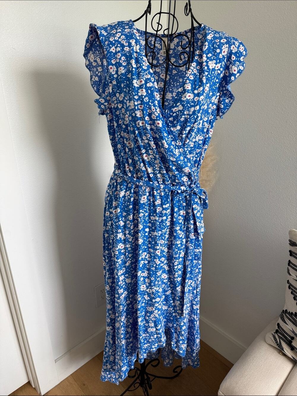 Blue Floral Faux Wrap Midi Dress Tie Waist High-Low Cottagecore, Coastal Cowgirl